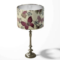 Dusty pink and cream table lampshade with wildflowers and exotic butterflies pattern.