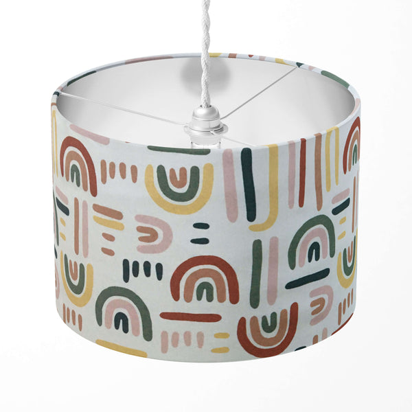 Colourful rainbow print handmade drum lampshade.