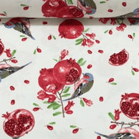 Red and white pomegranate fruit and bird print upholstery, curtain, soft furnishing and home decor fabric.