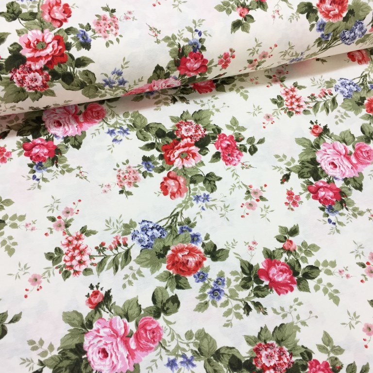 Cotton canvas upholstery curtain fabric with pink red roses and green leaves on white background