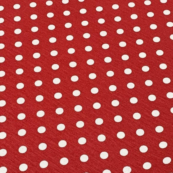 Red and white spot patterned cotton canvas upholstery, curtain and home decor fabric.