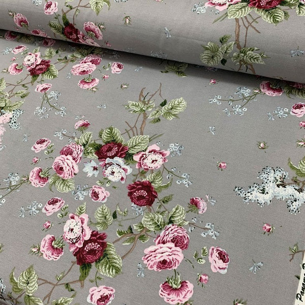 Stone grey upholstery and curtain fabric with pink and burgundy roses and sage green leaves print.