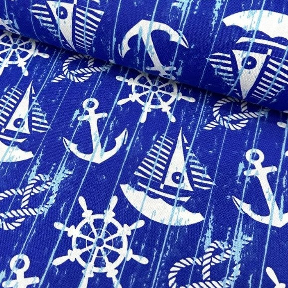 Boat Print Fabric, Royal Blue Nautical Seaside Yacht Kids Upholstery Fabric