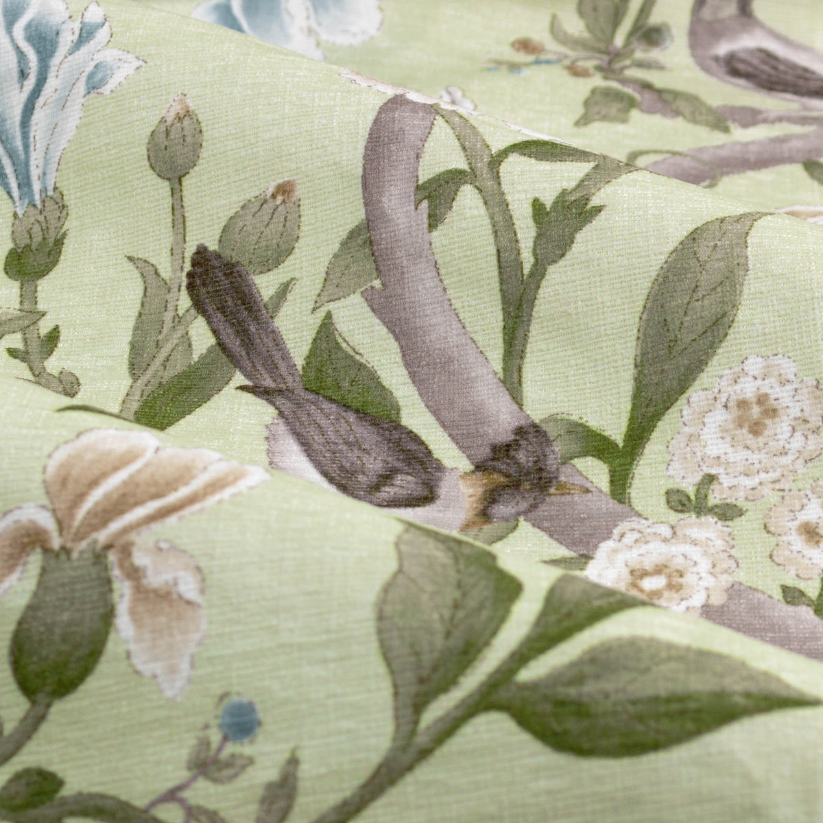 Sanderson Porcelain Garden Flower Print Sage Green Pencil Pleat Curtain