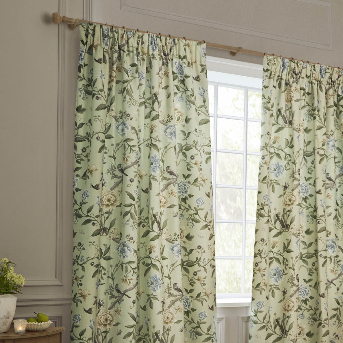 Sanderson Porcelain Garden Flower Print Sage Green Pencil Pleat Curtain