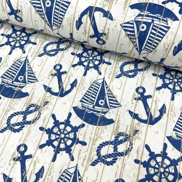 Marine Print Fabric, Sailboat Anchor Rope Knot Blue White Upholstery Fabric