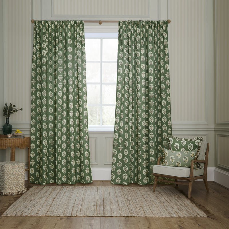 Sanderson Sessile Leaf Print Pencil Pleat Ready Made Curtains Green