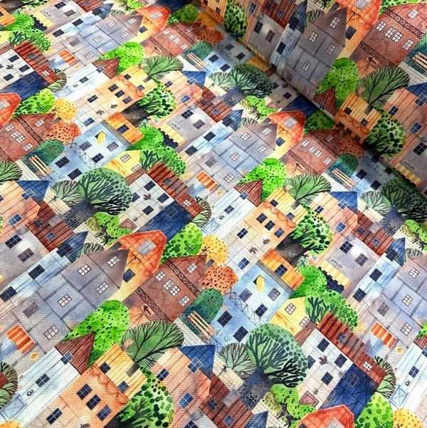 Townhouse Fabric, Scandinavian Village Landscape Watercolour Upholstery Fabric