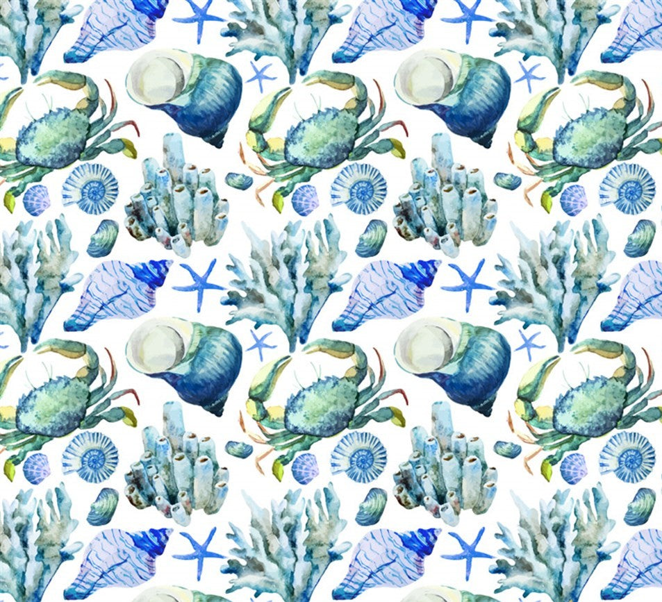 Seashell Fabric, Crab Fabric, Blue Ocean Nautical Beach Upholstery Fabric