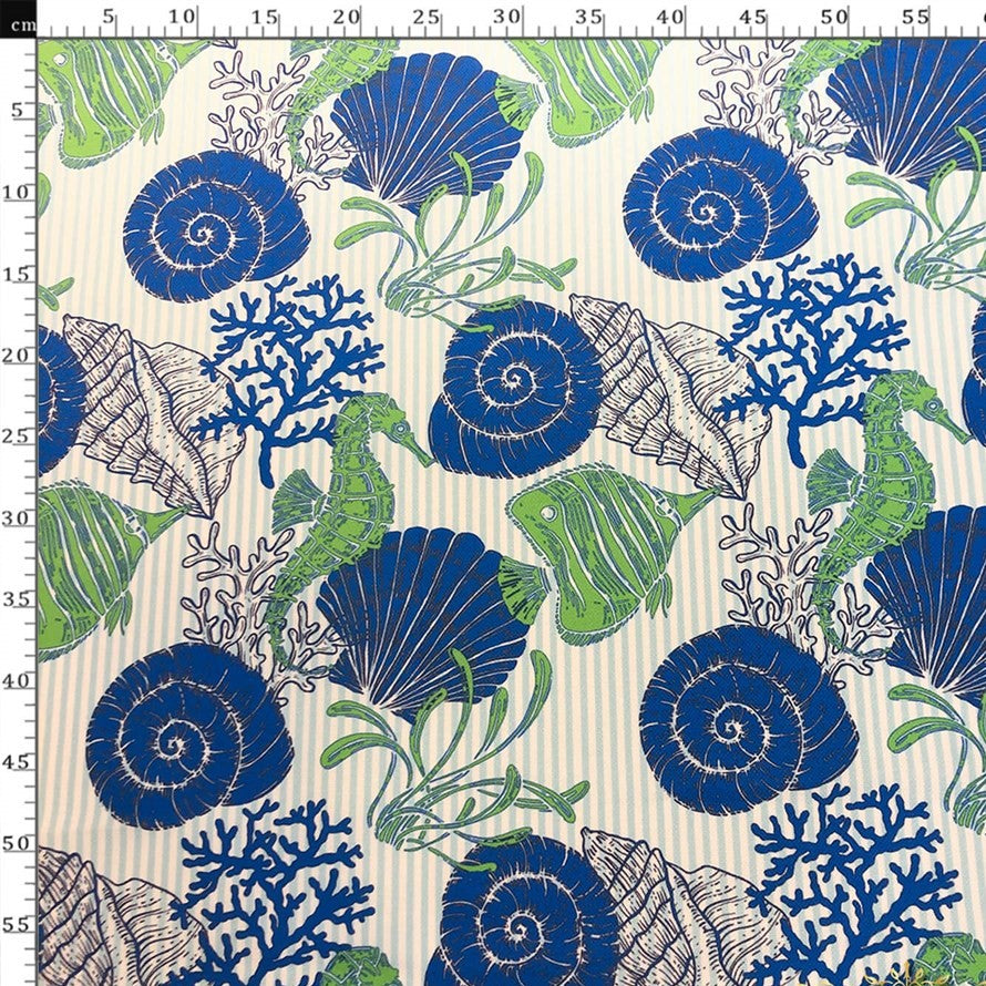 Seashell Fabric, Blue Green Coastal Ocean Reef Seahorse Upholstery Fab ...