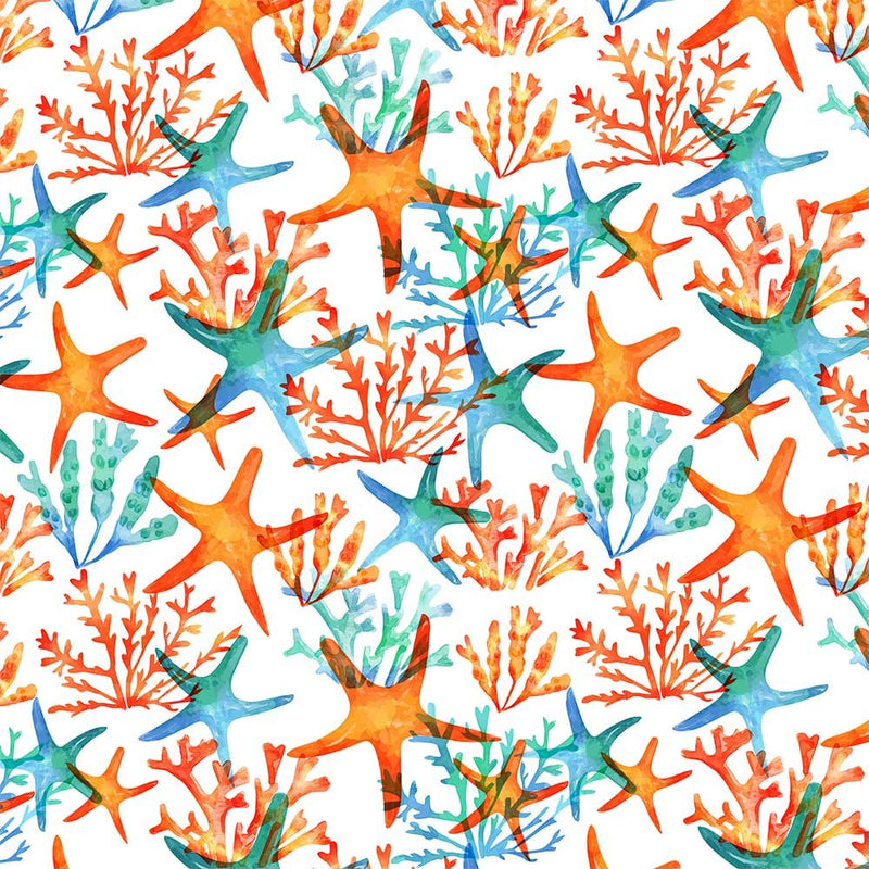 Starfish Fabric, Coral Reef Fabric, Orange Sea Coastal Upholstery Fabric