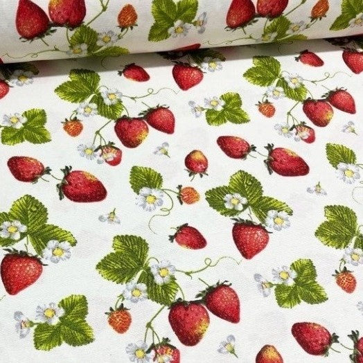 Vintage strawberry garden print upholstery curtain fabric in red , green, white and yellow.