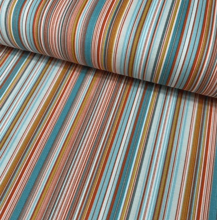 Striped upholstery fabric with multicolour pinstripe pattern in orange, terracotta, turquoise blue and red colours. 