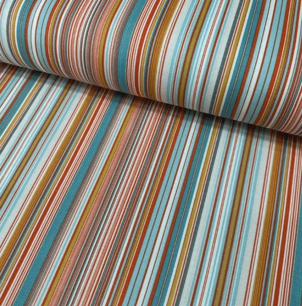 Striped upholstery fabric with multicolour pinstripe pattern in orange, terracotta, turquoise blue and red colours. 