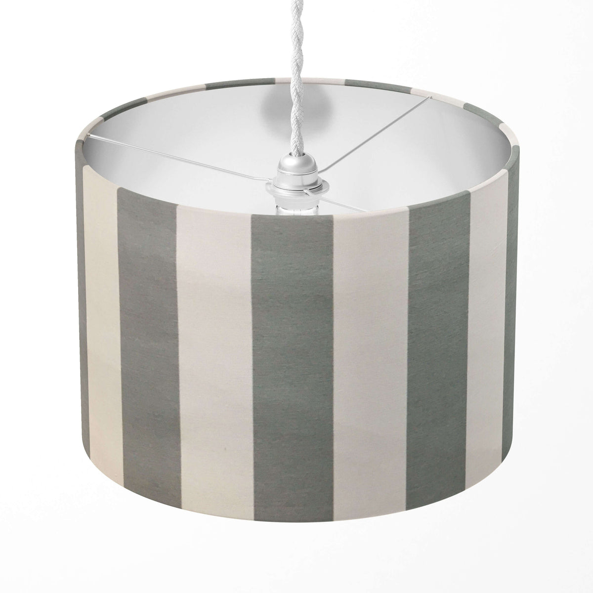 Striped lampshade with gray and white vertical stripes on a white background.