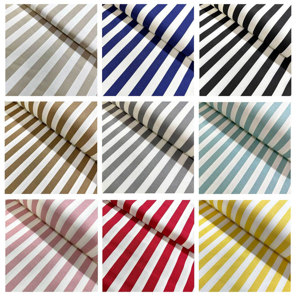 A collection of stripe upholstery fabric swatches in various colors including beige, navy, black, brown, grey, mint green, pink, red, and yellow.