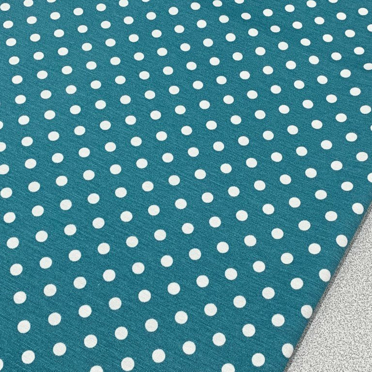 Teal blue dotted upholstery curtain fabric printed with white dots