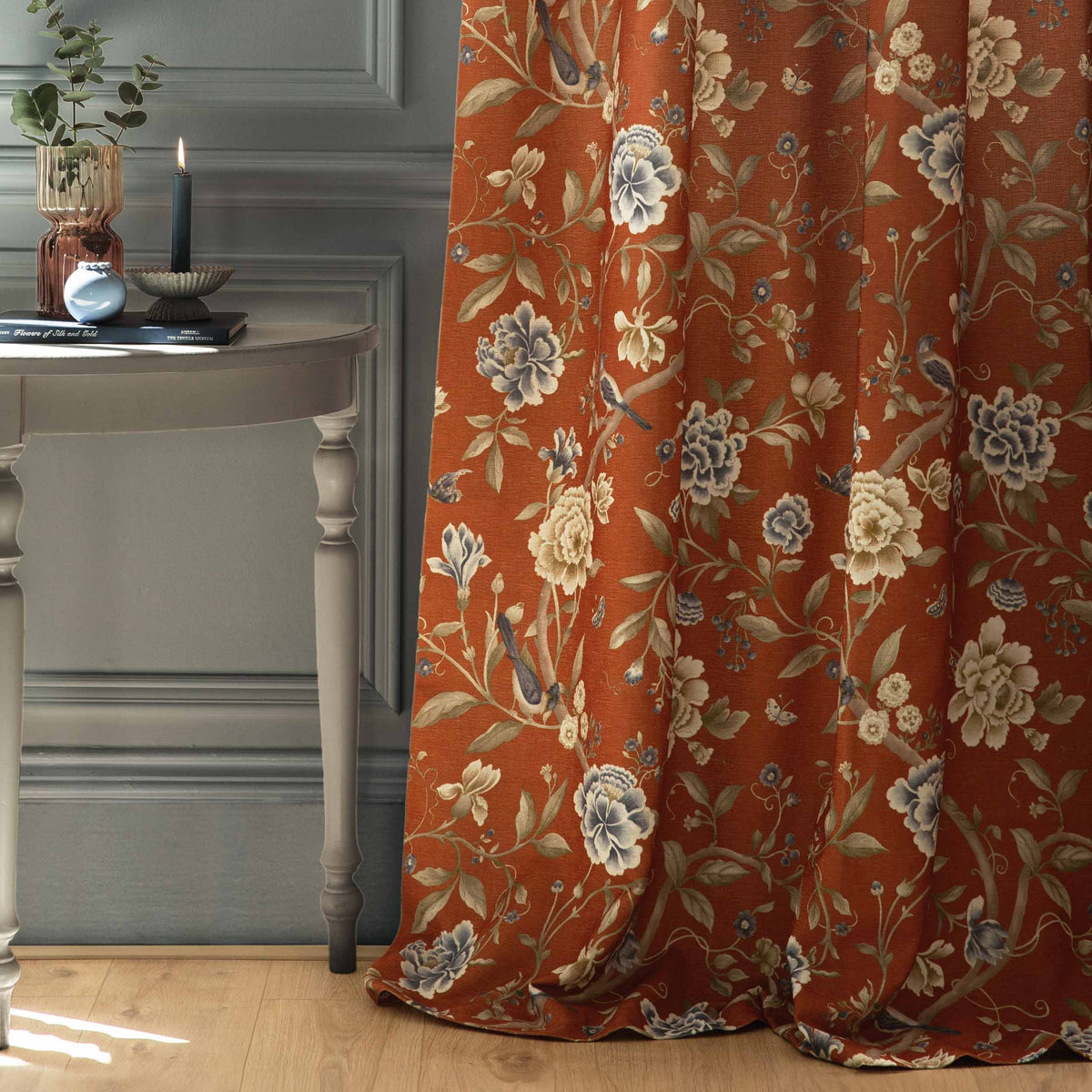 Sanderson Porcelain Garden Terracotta Floral Pencil Pleat Curtain Rust