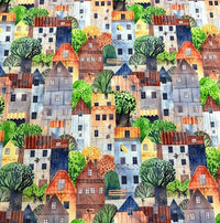 Townhouse Fabric, Scandinavian Village Landscape Watercolour Upholstery Fabric