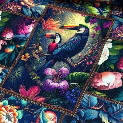 Colourful tropical bird fabric featuring an exotic floral pattern suitable for various upholstery and craft projects.
