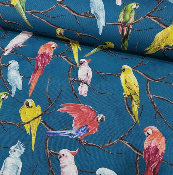 Upholstery fabric with colourful parrot pattern on a teal blue background.