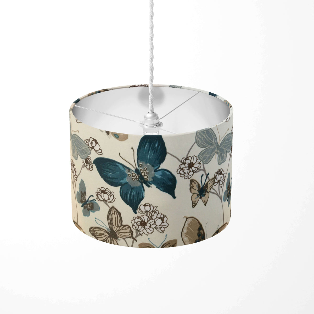 Pendant light shade with wildflower and blue and brown butterfly pattern on a white background.