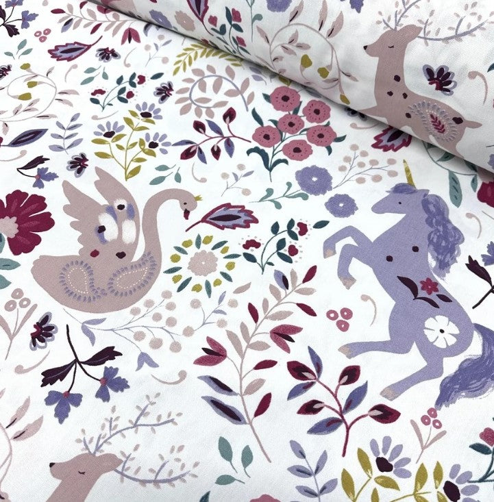 Unicorn Upholstery Fabric, Swan Deer Print Lilac Pink Floral Nursery Fabric