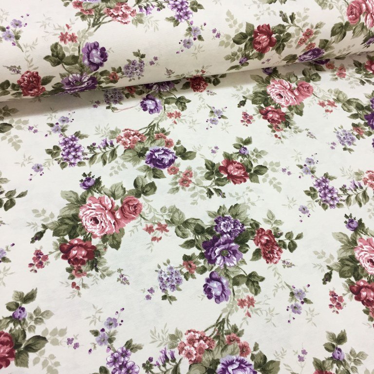 Pink and purple roses and flowers on white cotton canvas soft furnishing fabric