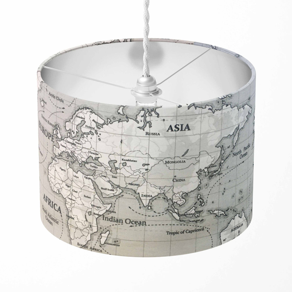 World Map Lamp Shade, Grey Drum Lampshade, Atlas Handmade Pendant Shade