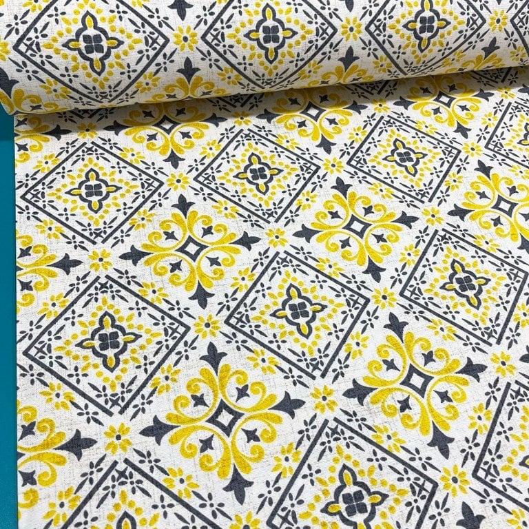 Portuguese Tile Fabric, Yellow Mosaic Ceramic Print Cotton Upholstery Fabric