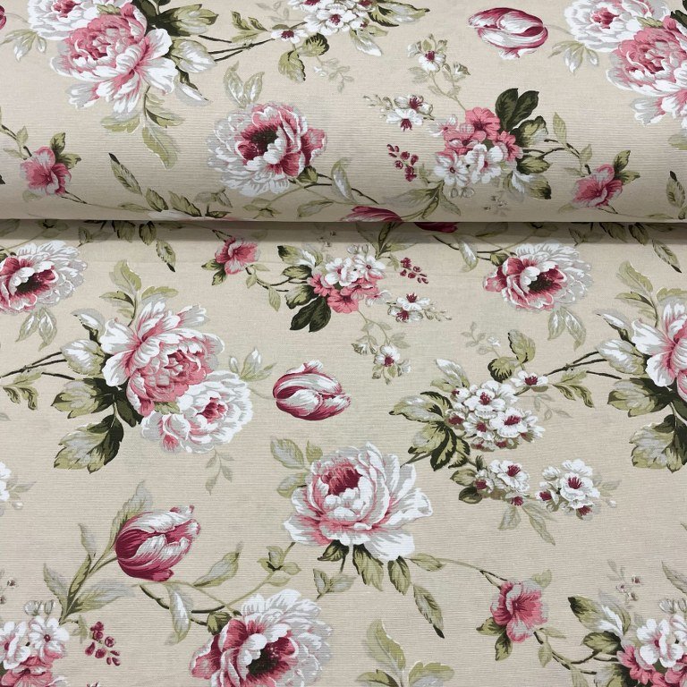Roses Upholstery Fabric, Pink Floral Shabby Chic Country Cotton Curtain Fabric