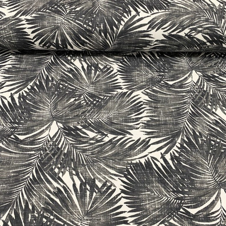 Tropical Upholstery Fabric, Black Palm Leaves Exotic Cotton Curtain Fabric