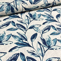 Blue Leaf Upholstery Fabric, Modern Boho Fabric, Linen Look Fabric