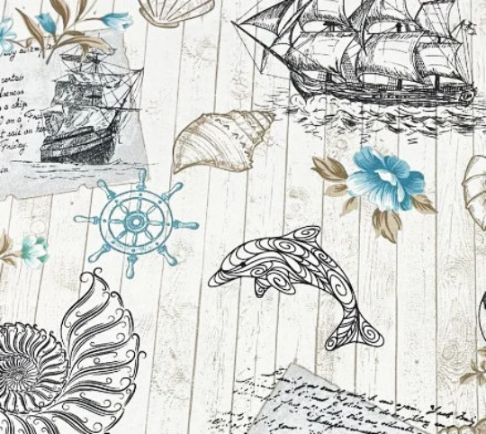 Nautical Fabric, Boat Fabric, Sea Shell Fabric, Marine Upholstery Fabric