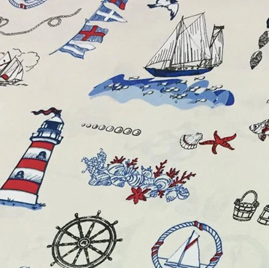Nautical Fabric, Lighthouse Sailboat Blue Ocean Upholstery Curtain Fabric