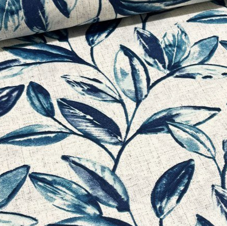Blue Leaf Upholstery Fabric, Modern Boho Fabric, Linen Look Fabric