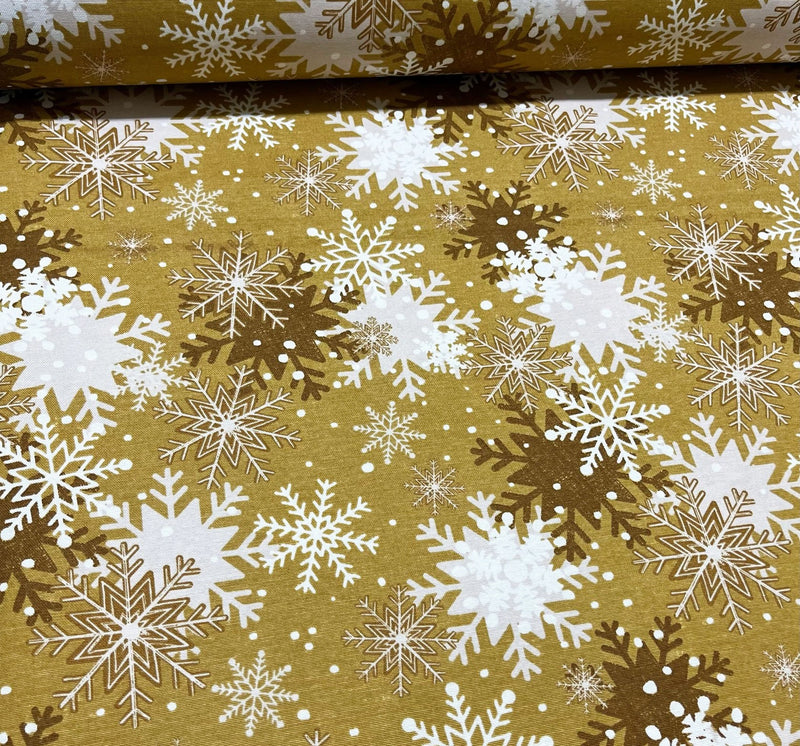 Christmas Snowflake Fabric, Mustard Yellow Fabric, Gold Print Fabric