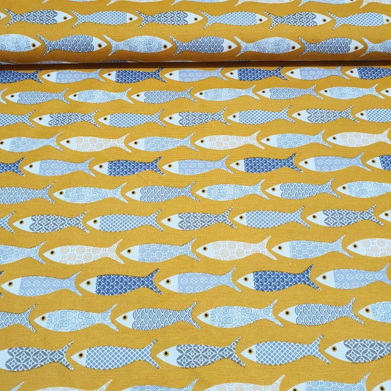 Tropical Fish Fabric, Mustard Yellow Upholstery Curtain Kids Nursery Fabric