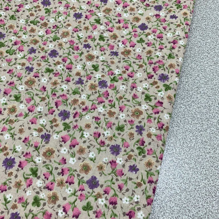Beige Floral Fabric, Small Flower Fabric, Cotton Dressmaking Fabric