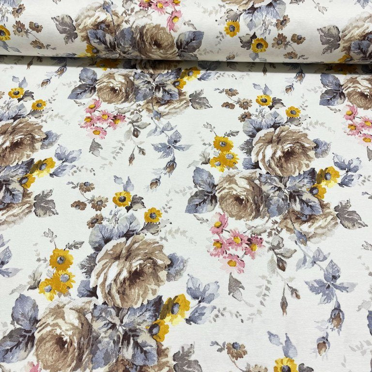 Flower Upholstery Fabric, Beige Floral Fabric, Pastel Print Curtain Fabric