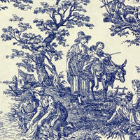 Close-up of blue and white toile fabric for upholstery and curtain projects.