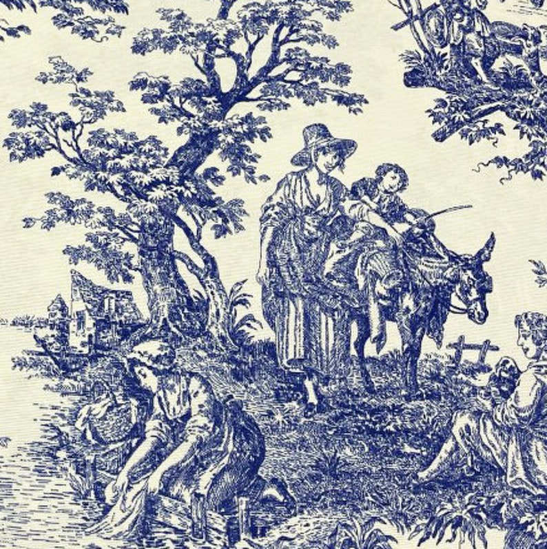 Toile Fabric, French Upholstery Fabric, Blue White Cotton Fabric