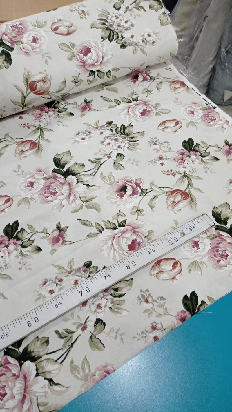 Roses Upholstery Fabric, Pink Floral Shabby Chic Country Cotton Curtain Fabric