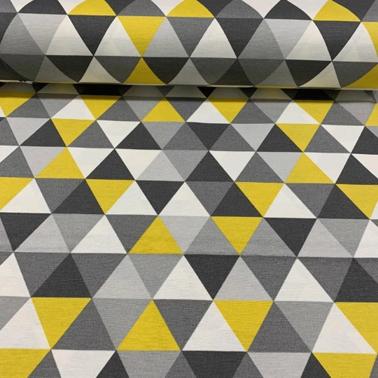 Yellow grey triangle patterned geometric upholstery fabric