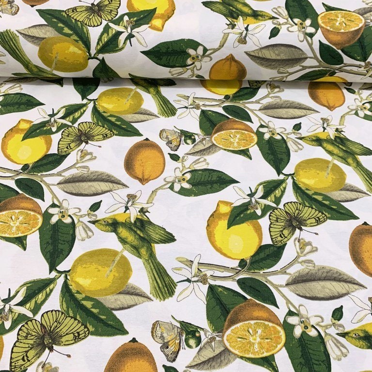 Lemon Print Fabric, Yellow Green Fruit Kitchen Upholstery Curtain Fabric