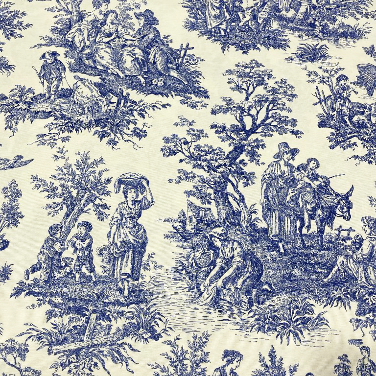 Toile Fabric, French Upholstery Fabric, Blue White Cotton Fabric