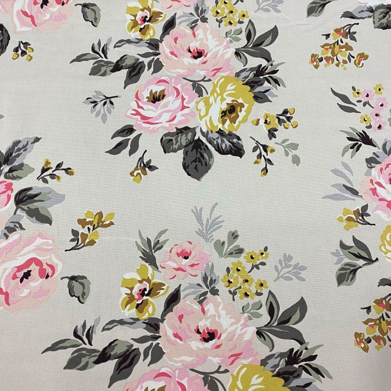 Pink Roses Fabric, Floral Upholstery Fabric, Yellow Flower Fabric