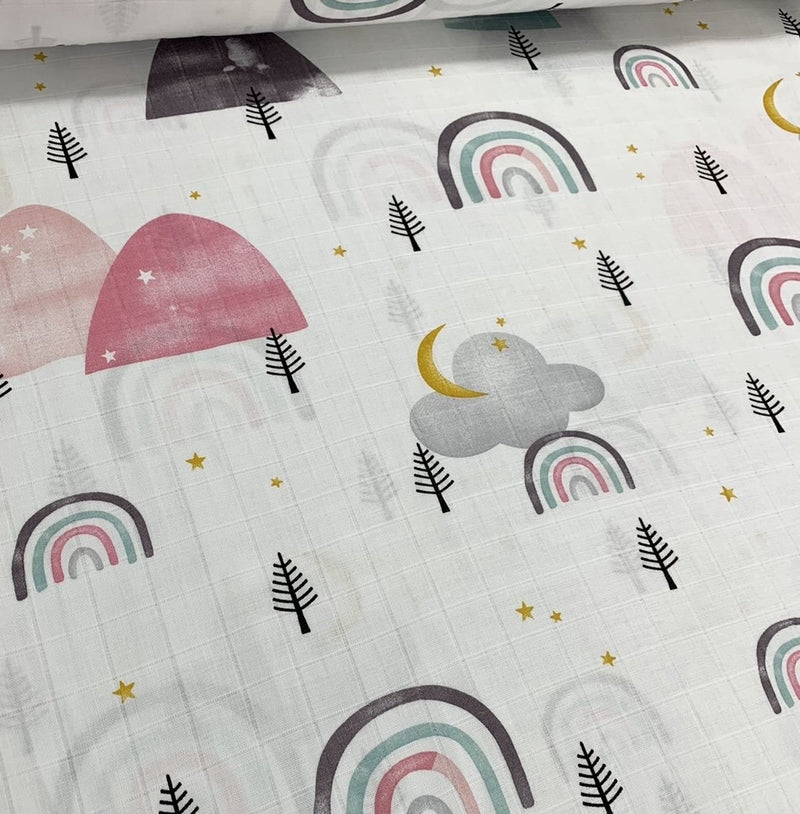 Rainbow Double Gauze Fabric, Watercolour Muslin Fabric, Pink Cotton Fabric