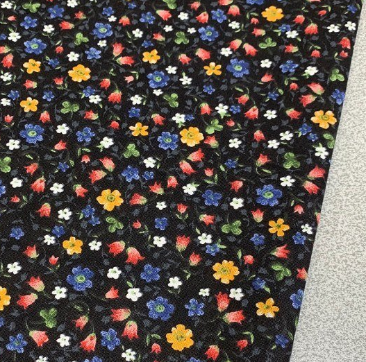 Black Floral Fabric, Retro Flower Fabric, Cotton Small Print Fabric
