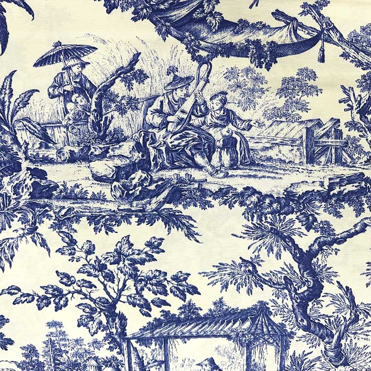 Chinoiserie Fabric, Blue White Toile Scenery Asian Upholstery Fabric